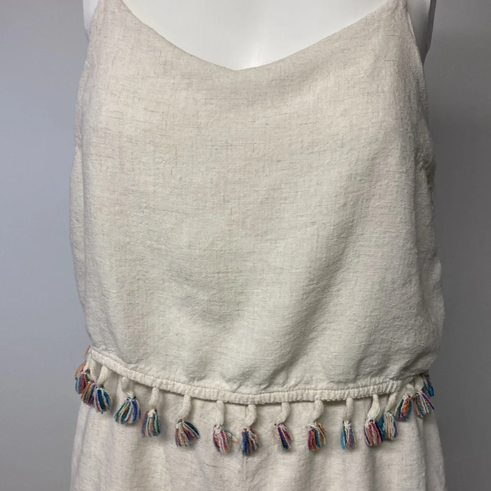 PAPER CRANE Anthropologie Rainbow Fringe Tassel Linen Cream Romper Womens Small - Picture 2 of 8